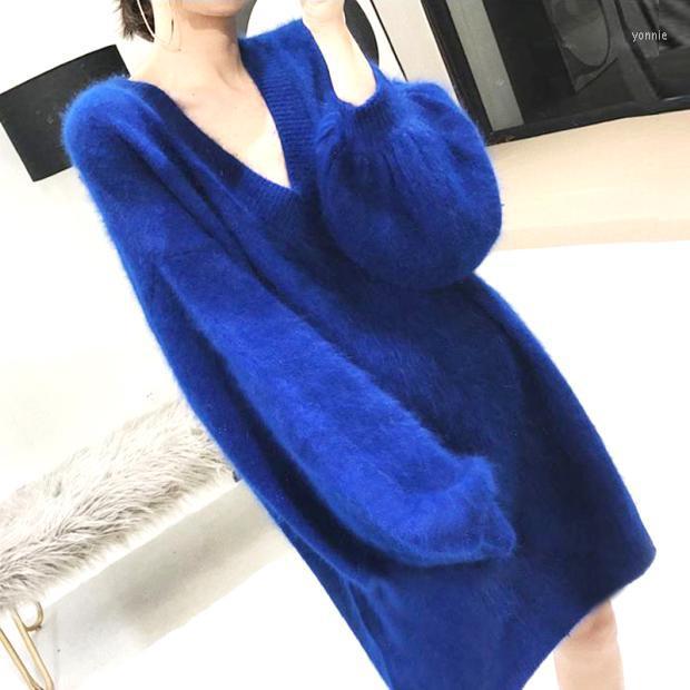 

Women's Sweaters Mid-length V-neck Fashion Super Loose Large Size Thin And Thick Warm Lantern Sleeve Mink Fleece Pullover Dress, Black