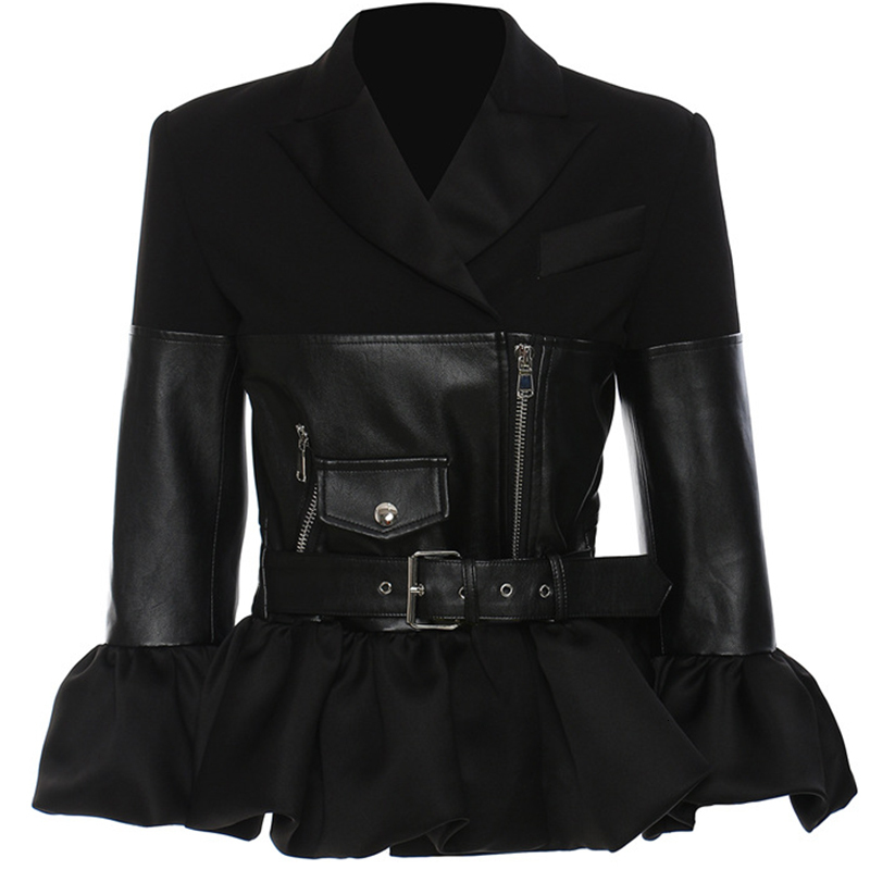 

Women  Jackets Winter Women Zip Up Leather Spliced Ruffles Black High Waist Tunic Belt Casual Coat 230225