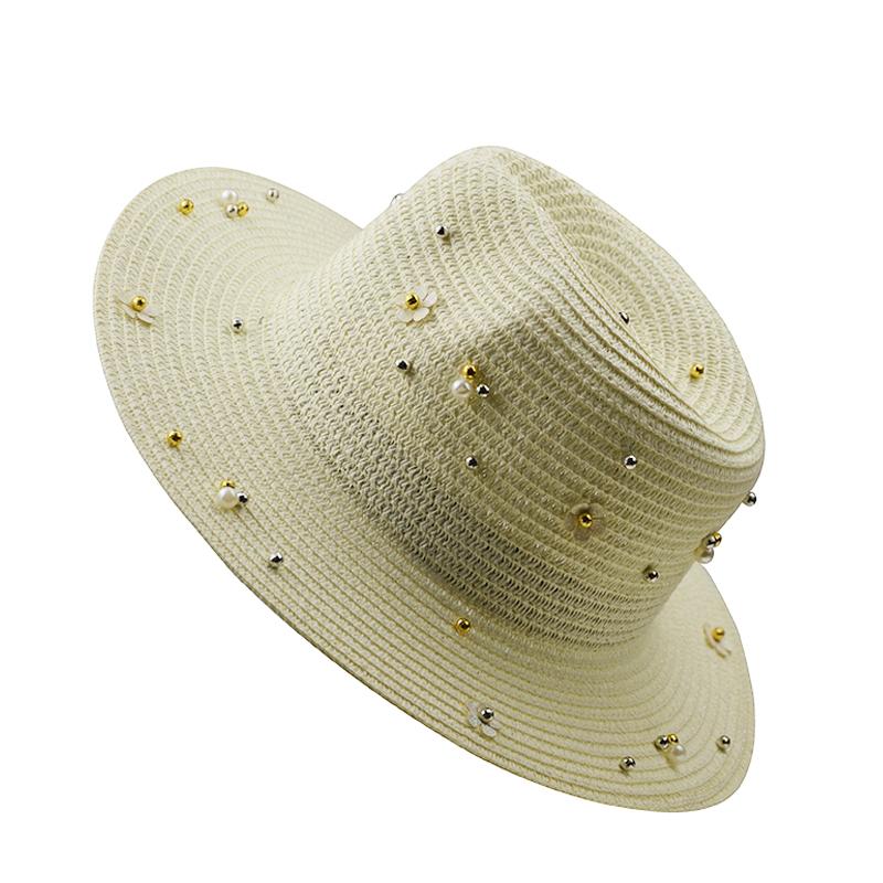 

Wide Brim Hats Summer Sun Hat British Pearl Beading Flat Brimmed Straw Shading Lady Beach, 03