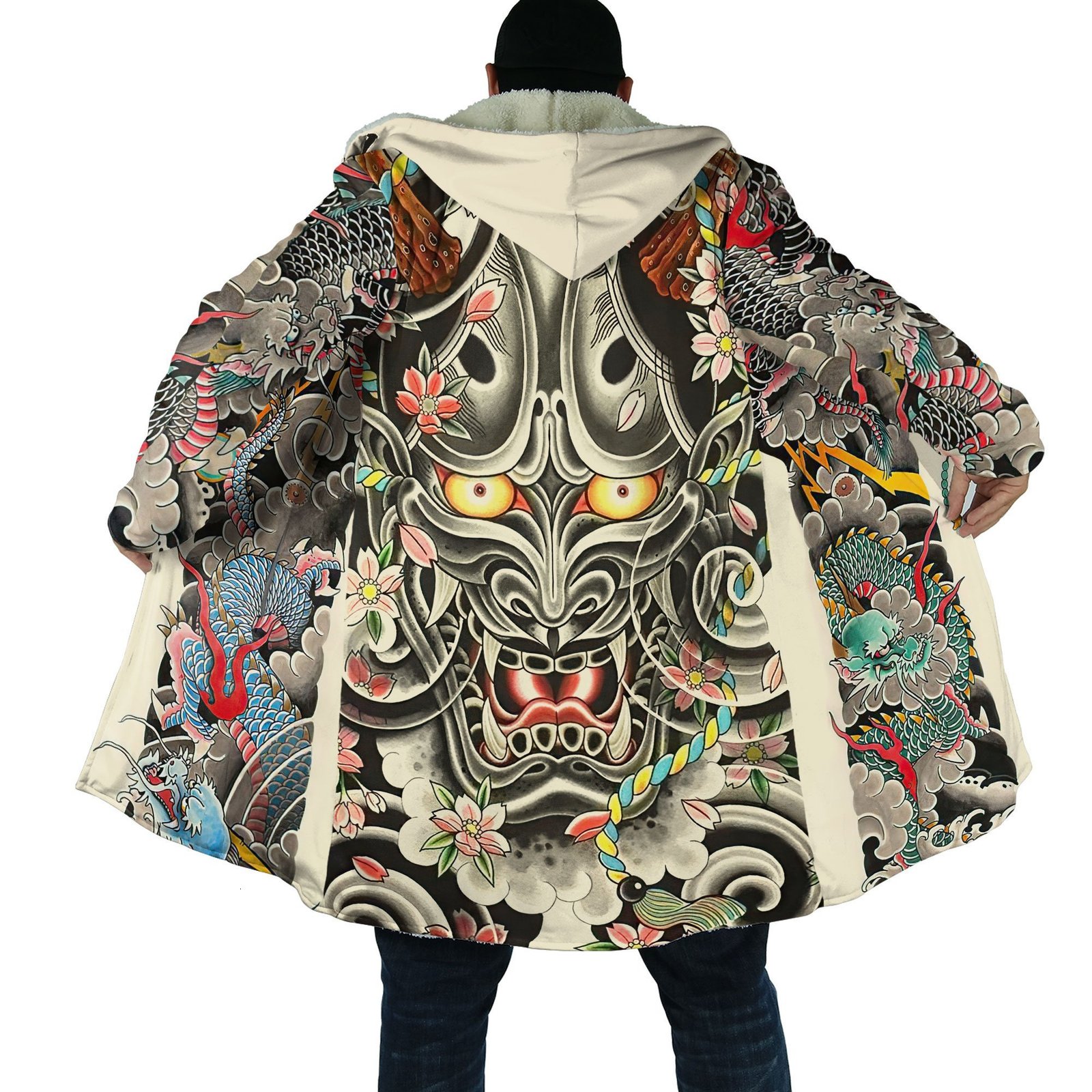 

Men's Wool Blends 2023 Winter Fashion Mens cloak Samurai Oni Mask Tattoo 3D Printing Thick Fleece Hood Unisex Casual Warm Cape coat 230225, Hooded cloak14