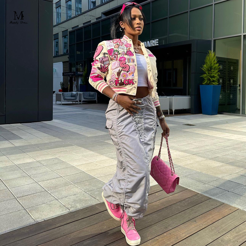 

Women s Jackets Y2K Clothes Varsity Print Spring Streetwear Long Sleeve Outfits Fashion Fall Winter Coat Baseball 2023 230225, Beige