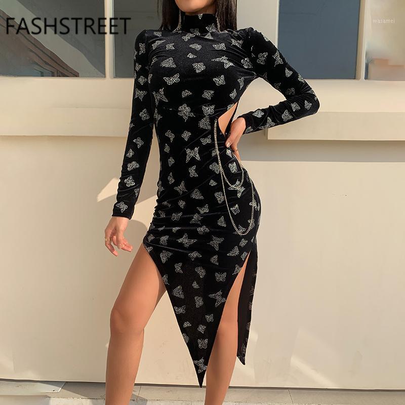 

Casual Dresses FASHSTREET Sexy Black Velvet Pyrographic Butterfly Print Bodycon Dress 2023Spring Women Asymmetry Split With Chain Gothic