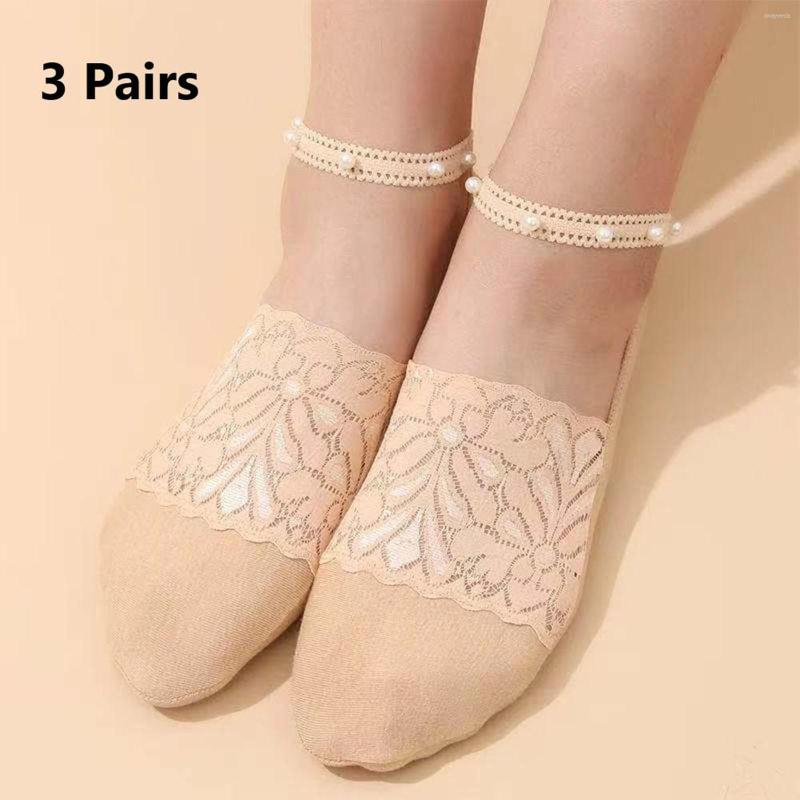 

Athletic Socks 3 Pair Fashion Floral Lace Boat For Women Soft Thin Korean Style Short With Pearl Spring Summer Breathable, White