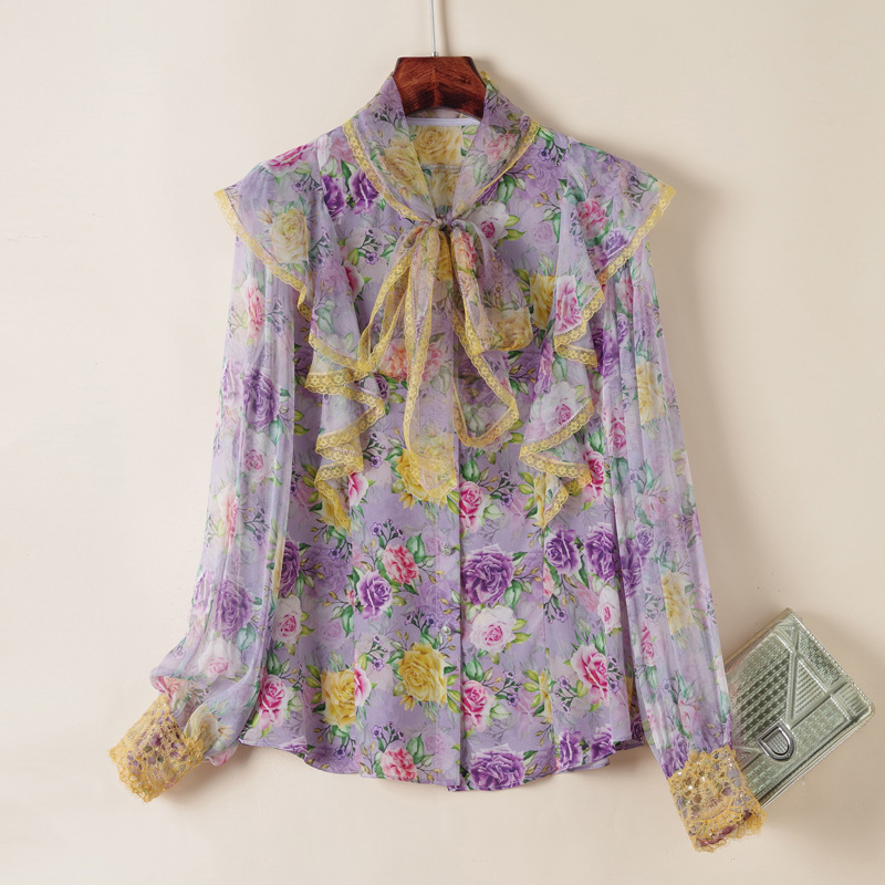 

2023 Spring Purple Floral Print Ribbon Tie Bow Silk Blouse Shirt Long Sleeve Round Neck Panelled Single-Breasted Soie Top Shirts R3F217732