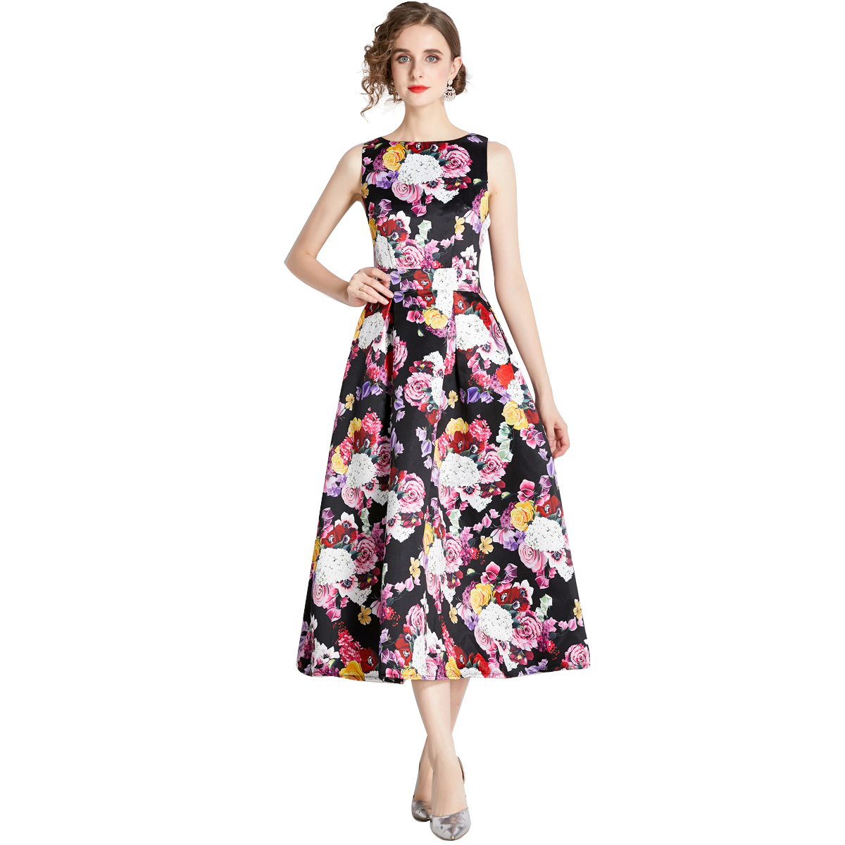 

2023 Floral Round Neck Print Dress Summer Women Designer High Waist Candlelight Dinner Vest Dresses Ladies Holiday Slim A-Line Party Frocks Sweet Chic Club Midi Robe