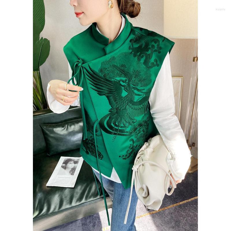 

Women's Blouses Retro Heavy Industry White Stork Embroidered Green Lace Chinese Vest Jacket Female 2023 Spring Cardigan Tops