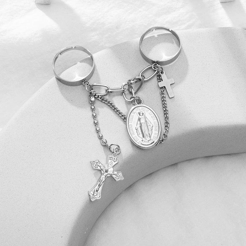 

Cluster Rings Silver Color Retro Punk Hip-Hop Cross Ring On Finger Chains Adjustable Jewelry For Men Women Unisex Gothic Aesthetic