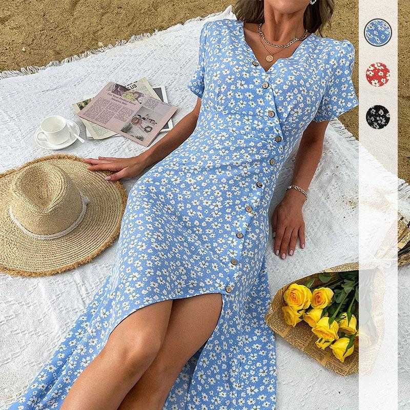 

Summer Elegant Womens Blue Slim Dresses Vacation Style Printed Dress