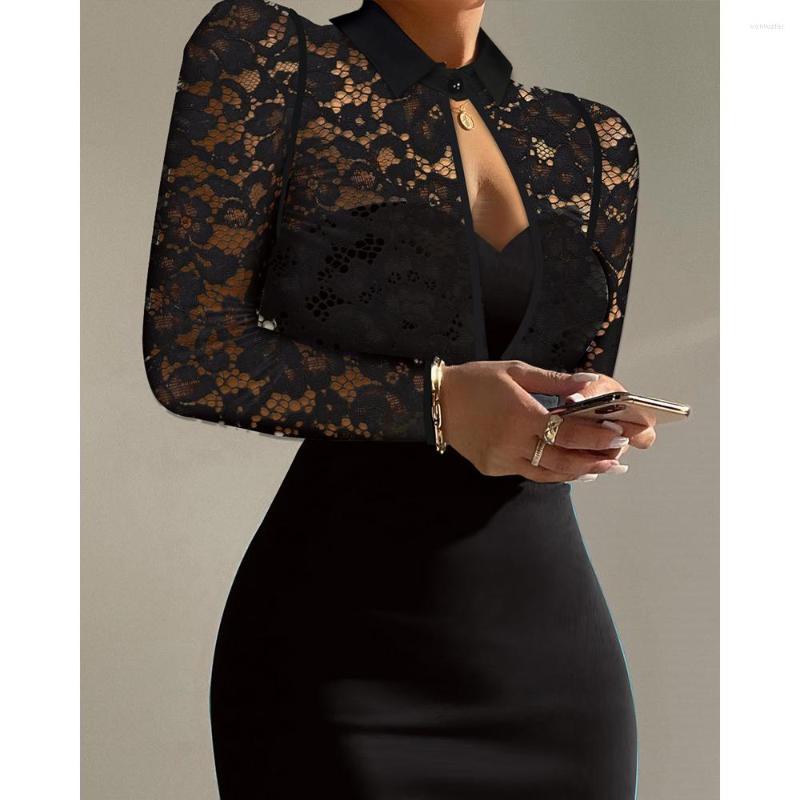 

Casual Dresses 2023 Women Summer Autumn Solid Black Long Sleeve Sexy Party Club Dress Contrast Lace Cutout Bodycon