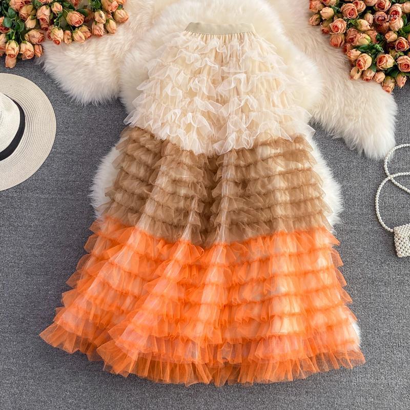 

Skirts Purple/Blue/Orange Mesh Long Skirt Casual High Waist Cascading Ruffle Midi Faldas Female Autumn Draped Saias Fashion