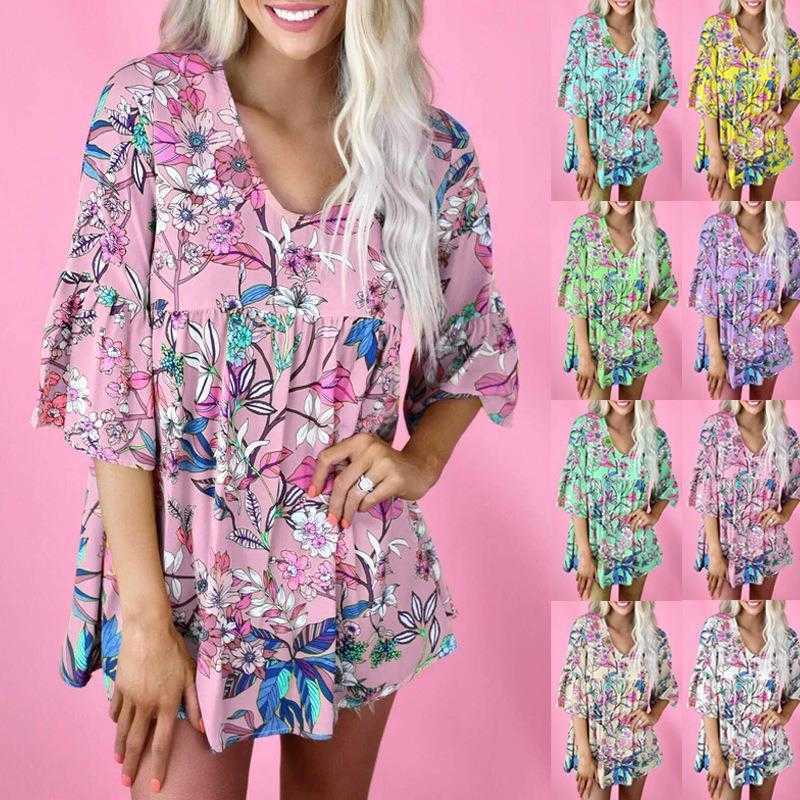 

Summer Printed Shirts Round Neck Short Sleeve Loose Fitting Casual T Shirt Women, Purple