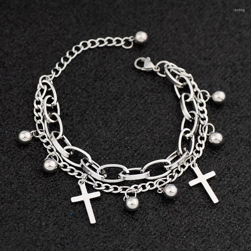 

Charm Bracelets Fashion Women Men Trend Jesus Cross Bead Double Chain Stainless Steel Silver Color Bracelet Party Jewelry A Gift