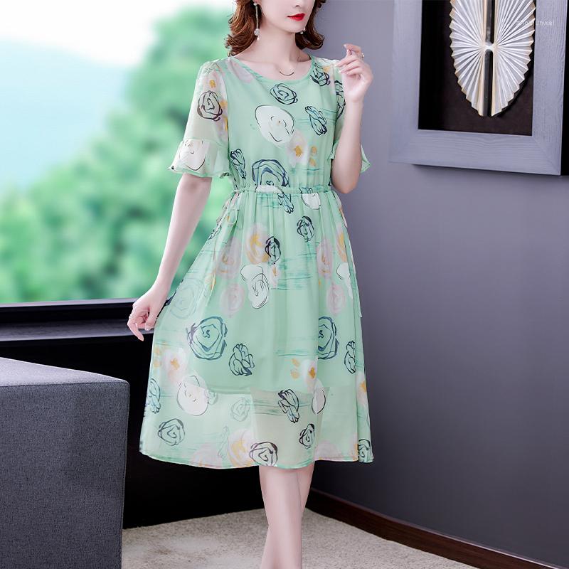 

Party Dresses 2023 Summer Women O-Neck Speaker Sleeve Drawstring Slim Long Dress Sweet Flowers Print Mulberry Silk, Picture color