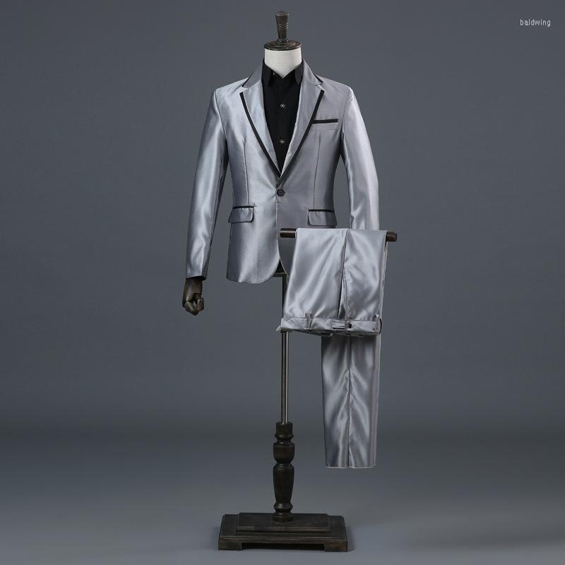 

Men' Suits Mens Party Wedding With Pants Slim Fit Single Breasted 2 Piece Suit Men Stage Singer Costume Homme Terno Masculino, Black gray