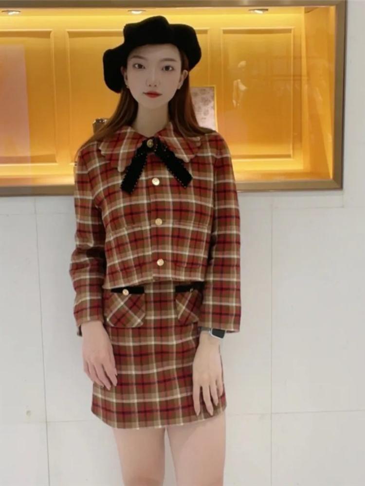 

Work Dresses Fashion Women' 2023 Autumn Hong Kong Style Suit Retro Plaid Skirt Western Two-piece ClothesWork