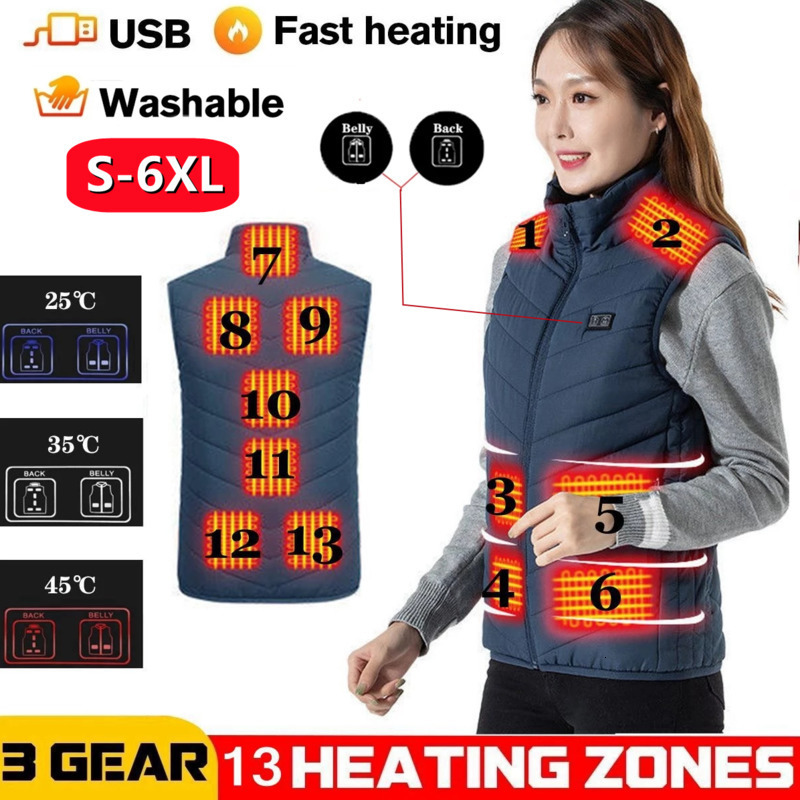 

Women s Vest 13 Heating Areas Heated Jacket Warm Coat Thermal Gilets Winter Usb Electric Man S 6XL Oversize Waistcoat 230225, 2 areas heat black
