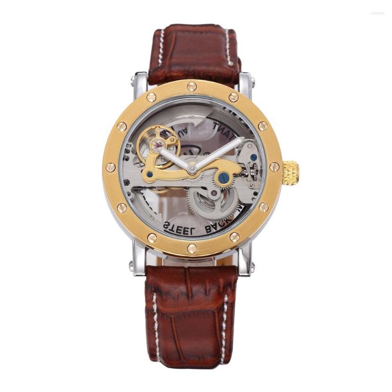 

Wristwatches Luxury Transparent TourbIiion Dial Diamond Golden Tone Skeleton Brown Band Automatic Self Wind Mechanical Men Watch A523