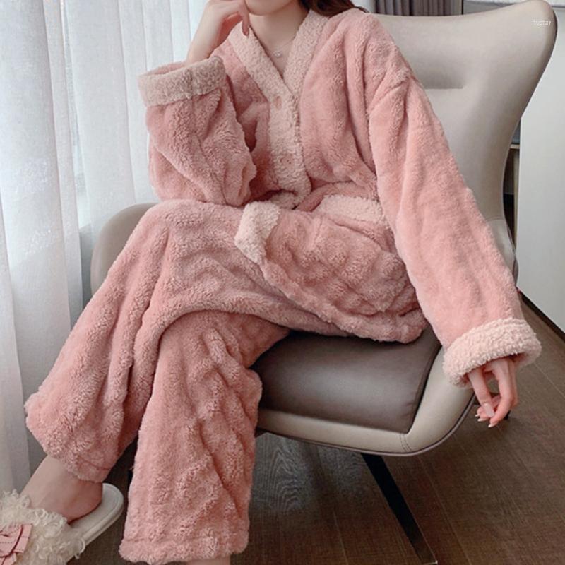 

Women's Sleepwear Lovers' Flannel Nightwear V-Neck Pajamas Pour Femme Couple With Pants 2PCS Sleep Set Winter Thick Home Clothes, Pink women