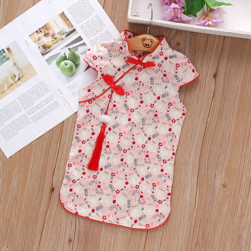

Girl Dresses Girl's 2023 Girls Dress Summer Children's Wear Buckle Collar Animal Print Slim Chinese Style Cheongsam Baby 0-18M, Hz0080-rd