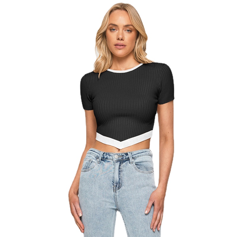 

Patchwork color women' short sleeve T-shirt summer sexy short ribbed crop top, 01
