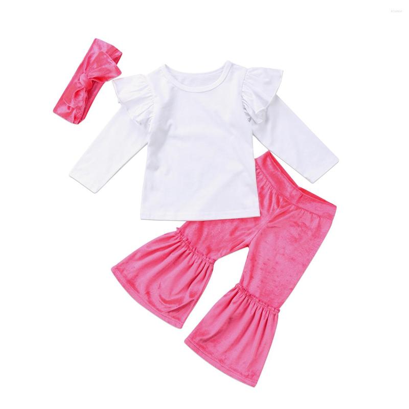 

Clothing Sets Born Baby Girls Set Ruffles Long Sleeve T-shirt Tops Pink Flare Pants Headband 3pcs Cotton Outfits, Picture shown