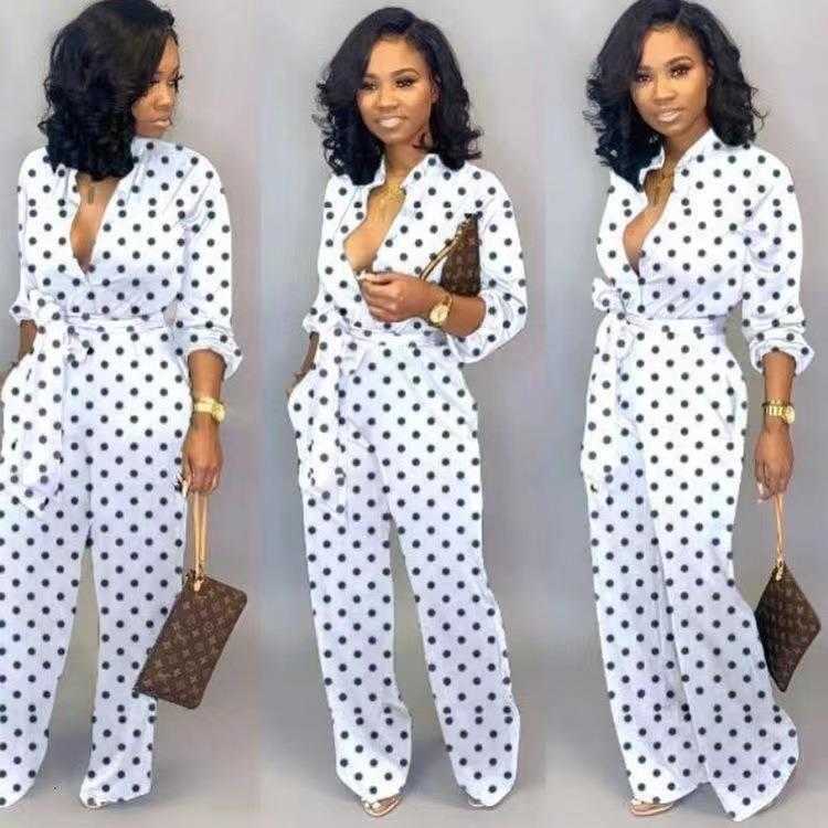 

Polka Dot Jumpsuit Womens Autumn Fashion Printed Casual Long Sleeved, White