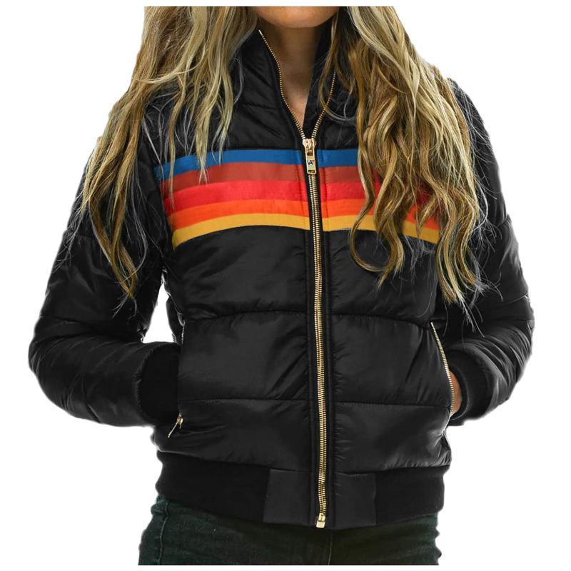 Chaqueta de celebridades en línea Chaquetas para mujeres 2021 Mujeres Arco iris Chaqueta impresa Invierno con capucha de algodón Abrigos acolchados Mujer Coreana suelta Puffer Parkas Ladie ICMT