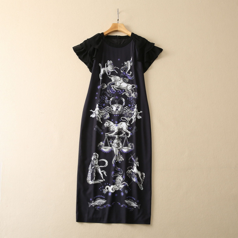 

2023 Spring Black Print Beaded Dress Cap Sleeve Round Neck Rhinestone Midi Casual Dresses S2D201654