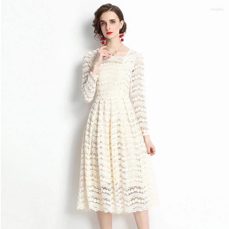 

Casual Dresses Women' Autumn And Winter High-end Temperament Medium Long Lace Square Neck Waist Sleeve Flocking Fashion Dress, Shallow apricot