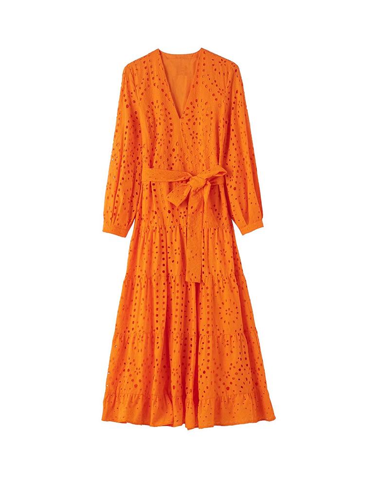 

Casual Dresses Fashion Cotton Dress 2023 Elegant Embroidered Lace Slim V Neck Belt Ladies Party Vacation Youth DressCasual, Ginger