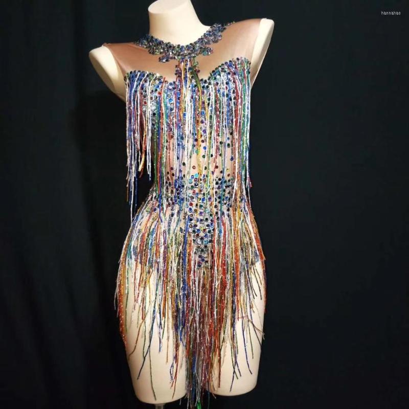 

Stage Wear 2023 Colorful Fringes Rhinestones Bodysuit Women Dance Costume Nightclub Female Singer Show Bright Leotard Dress, Picture shown