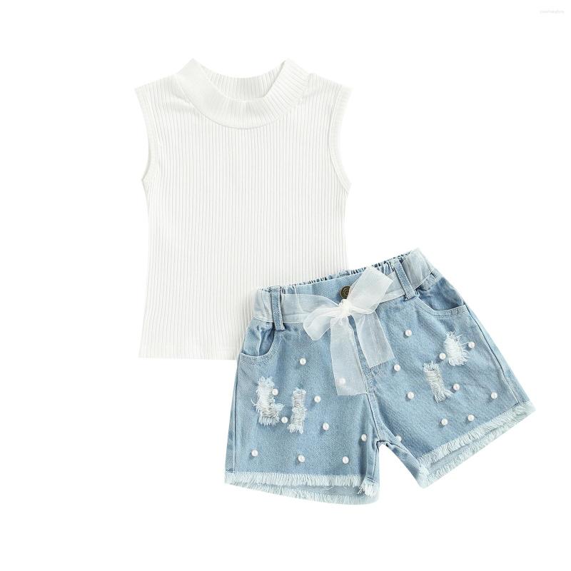 

Clothing Sets 2023 Kids Baby Girls Sleeveless Tops And Casual Pearl Ripped Denim Shorts, Picture shown