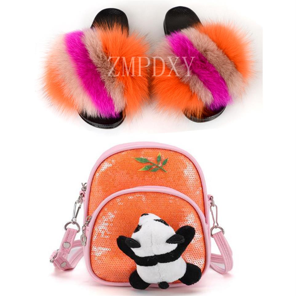 

Cute Cartoon Panda Backpack Furry Shoes Bling Bag Baby Girl Slippers Fur Slides Flat Sandals Children Shoes Bag Set Plush Slides259o, As pic shows