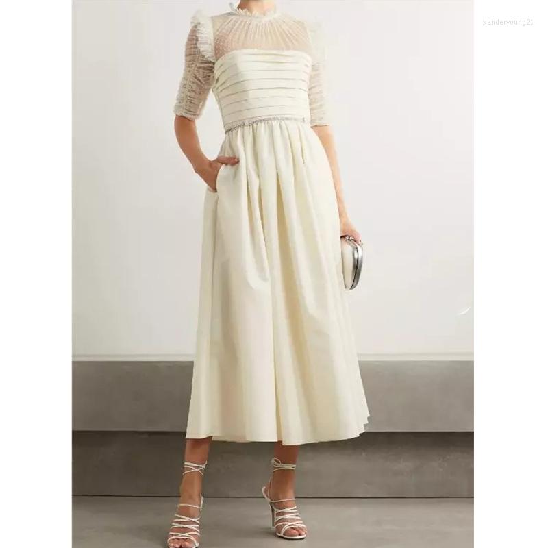 

Party Dresses Vintage White Polka Dot Mesh Patchwork Maxi For Women 2023 Summer Runway Designer Elegant Long Female, Creamy-white