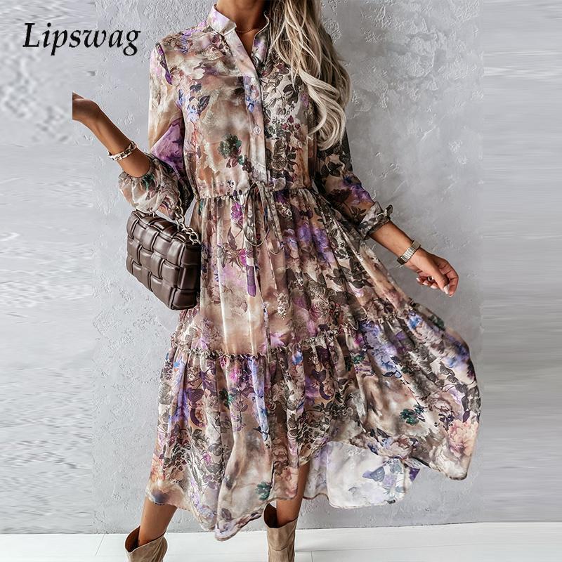 

Casual Dresses Sexy V Neck Button Ruffle Long Dress Women Printed Drawstring Lace-Up Party Ladies Elegant Sleeve Autumn, 01 coffee brown