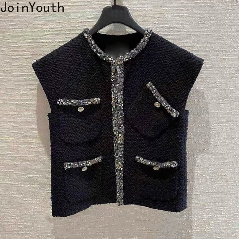 

Women  Vests Korean Vest for Women O neck Sleeveless Tweed Vintage Waistcoat Temperament Fashion Tanks Tunic Y2k Tops Chalecos Para Mujer 230225, Black