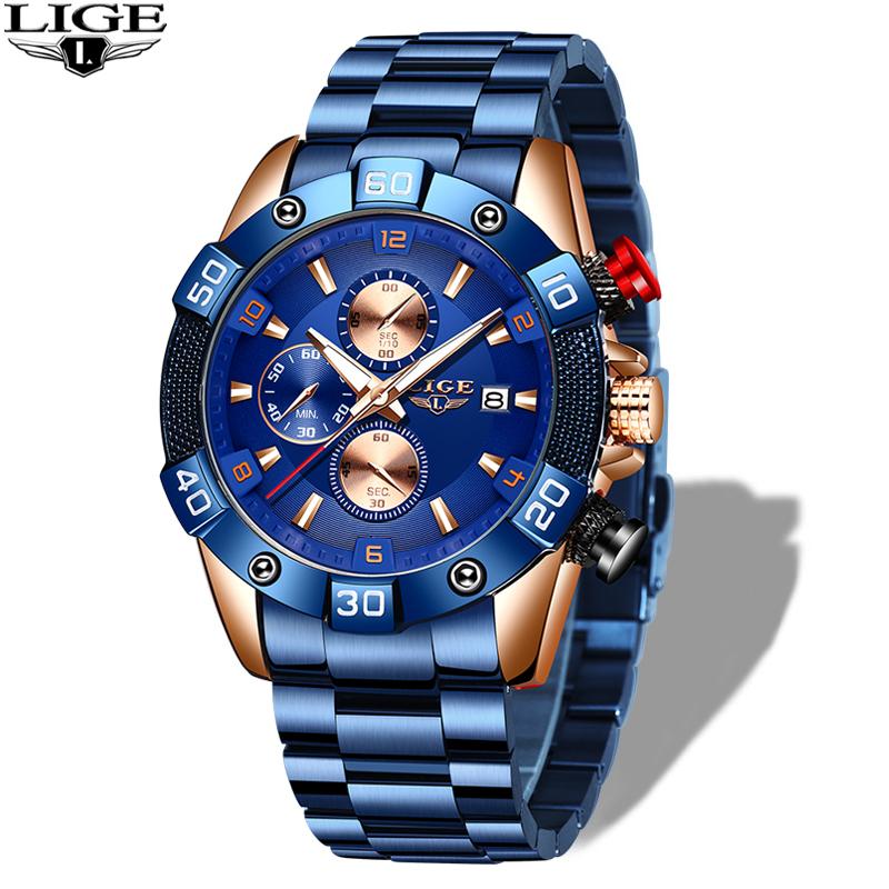 

Wristwatches 2023 LIGE Watches Men Stainless Steel Band Quartz Wristwatch Military Chronograph Clock Male Fashion Sporty Watch Waterproof, Sliver black