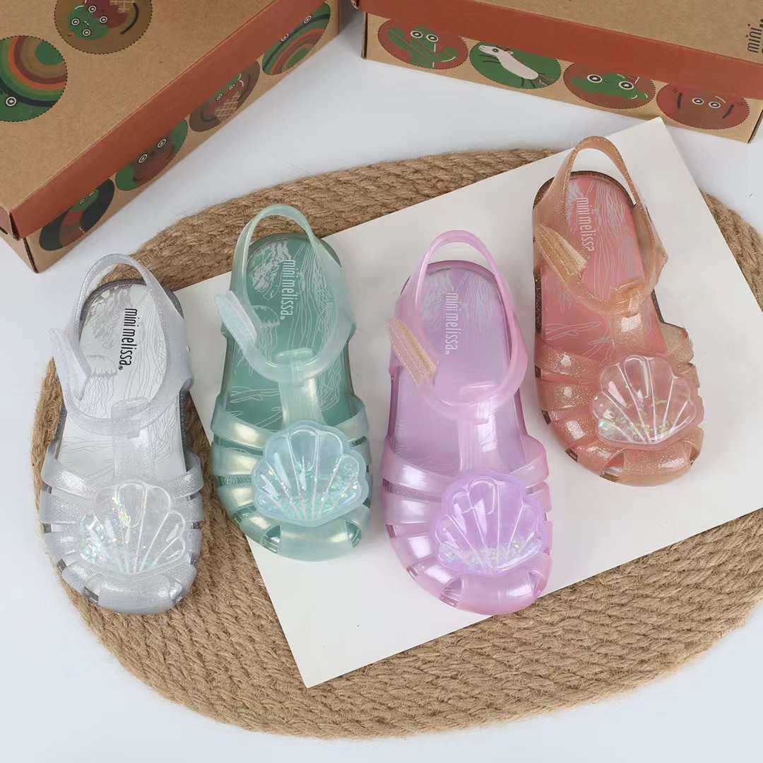 

Sandals New Children's Melissa Shell Sandals Fashion Baby Girls Glitter Pearl Jelly Beach Shoes Kids Candy Color Jelly Shoes HMI093 Z0225, Green
