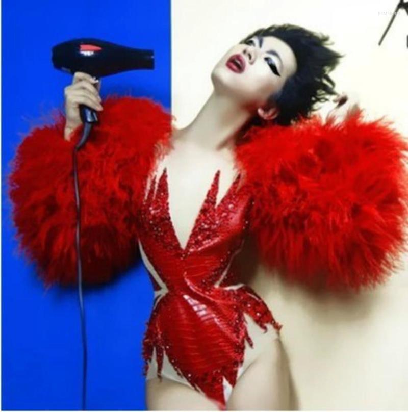 

Stage Wear Christmas Year Red Fur Grass Like Nightclub Bar Female Singer Leading Dance Costume DJDS Performance