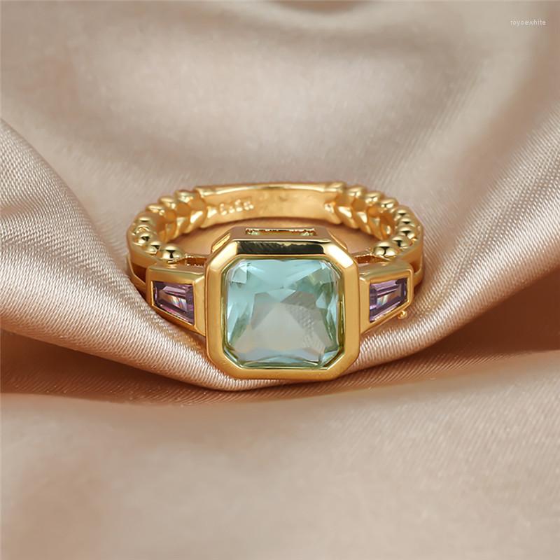 

Wedding Rings Luxury Female Light Blue Crystal Ring Charm Gold Color For Women Square Zircon Engagement