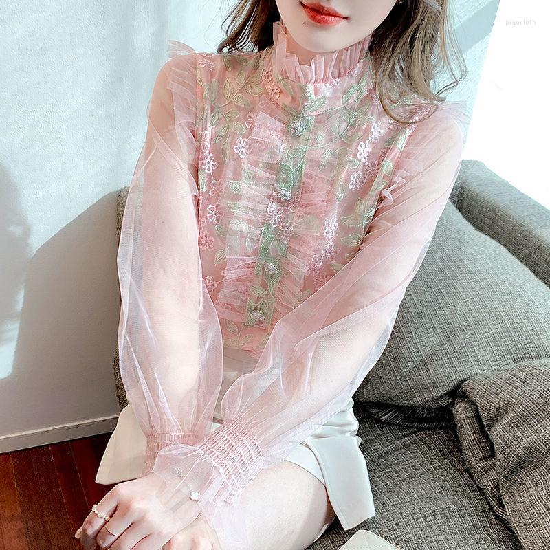 

Women' Blouses French Court Elegant Fairy Lace Chiffon Shirt Female 2023 Spring Yarn Net Fitting Leader Long Sleeve O Neck Casual Blouse, Green