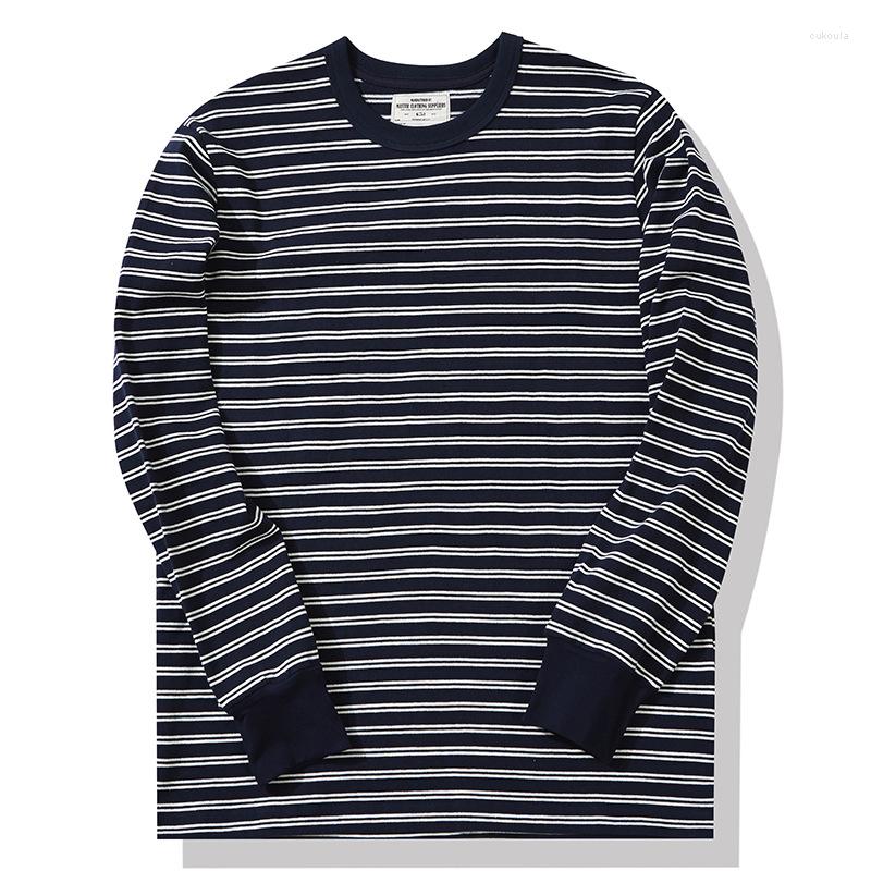 

Men' T Shirts Men 280g Heavy Weight Cotton Striped T-Shirts Vintage Classical Long Sleeve O-Neck Trendy Youth Student Handsome Tees, 0202lightblue beige