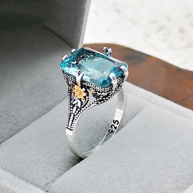 

Wedding Rings Vintage Female Crystal Square Big Ring Classic Silver Color Engagement Charm Aqua Blue Zircon Stone For Women