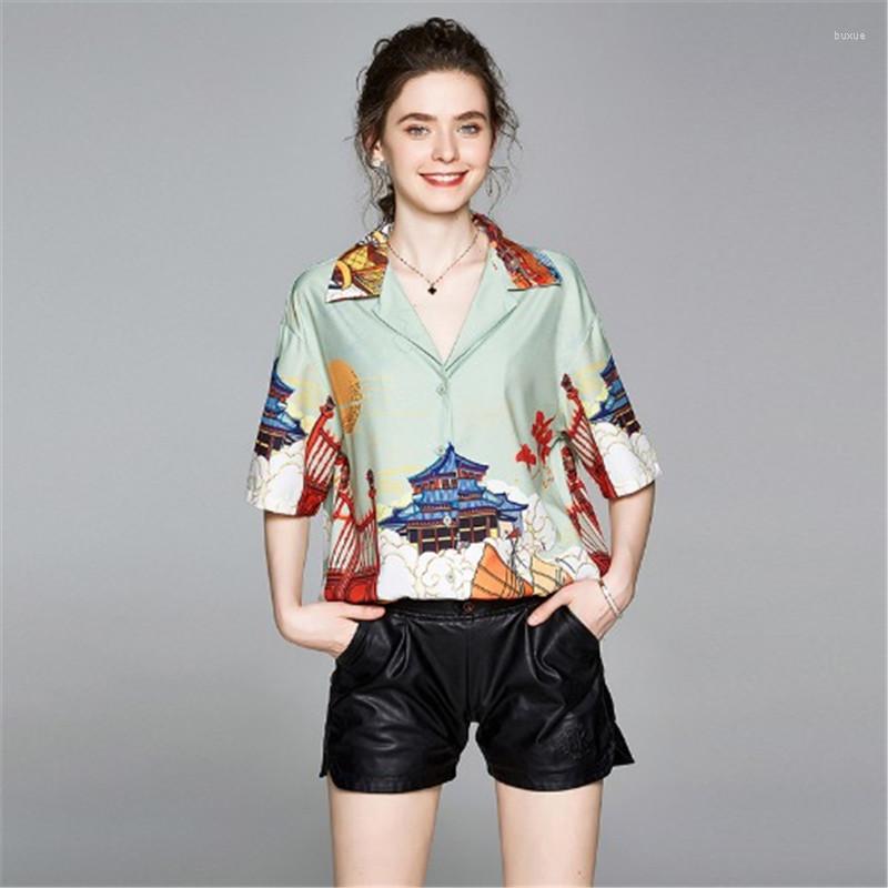 

Women's Blouses 2023 Summer Fashion Short-sleeved Lapel Female Printed Shirt Floral Hong Kong Style All-match  - 2XL, Picture shown