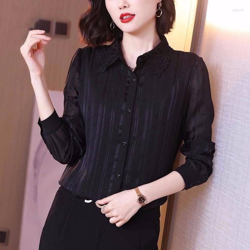 

Women's Blouses Lace Doll Leader Sleeve Jacquard Chiffon Blouse Shirt Female 2023 Spring Design Sensual Jacket Small Unusual, Black