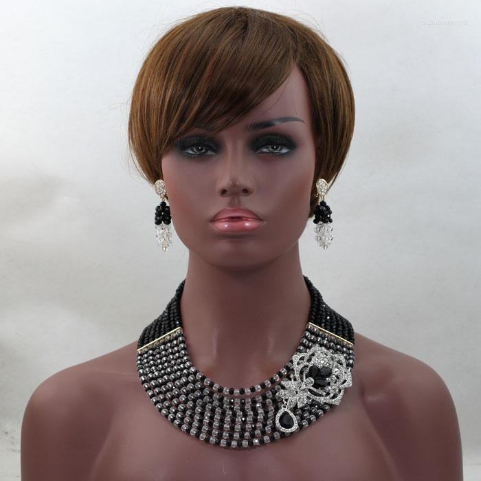 

Necklace Earrings Set Fashion Black Clear AB Crystal Beads Statement Chunky African Wedding Jewelry 8 Rows ALJ615, Picture shown