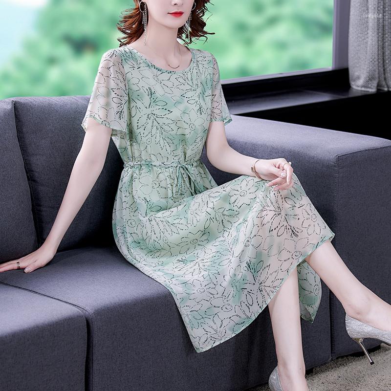 

Party Dresses 2023 Summer Women Short Sleeve Drawstring Slim Long Dress Elegant Temperament Print Chiffon, Picture color