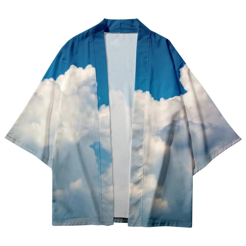 

Men's Casual Shirts Summer Style Blue Sky And White Clouds Striped Art Shirt Beach Women's Kimono ShirtMen's, As shown