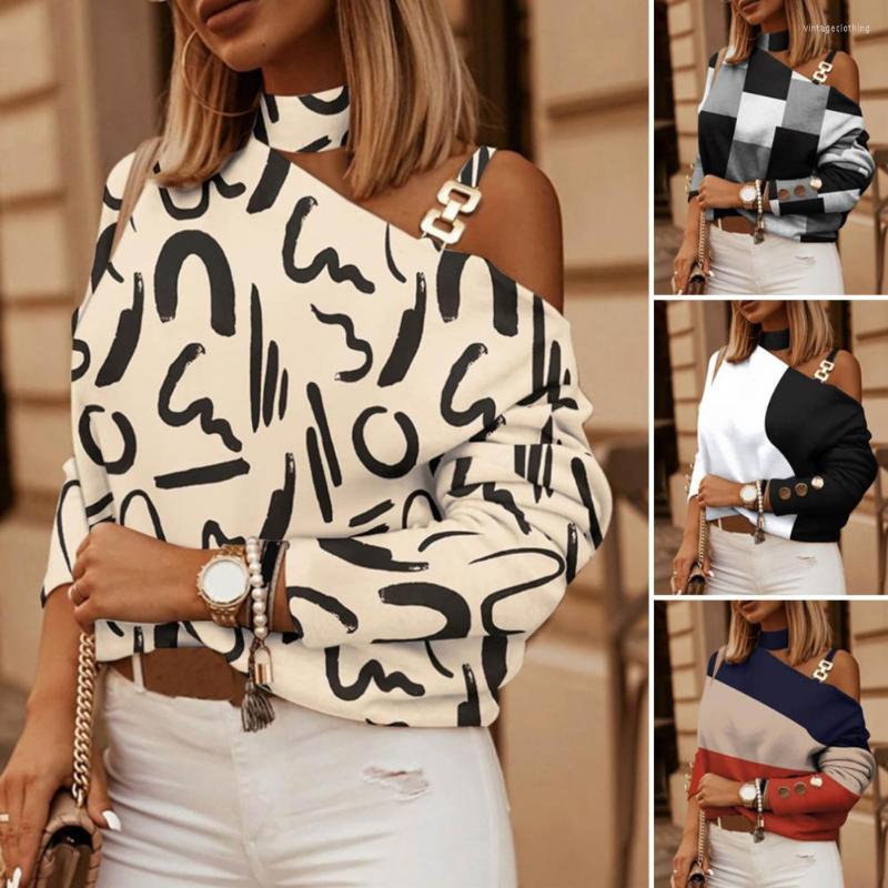 

Women' Blouses Spring Blouse One Shoulder Stand Collar Women Top Long Sleeves Hollow Out Lady Plaid Print Contrast Color 2023, Black