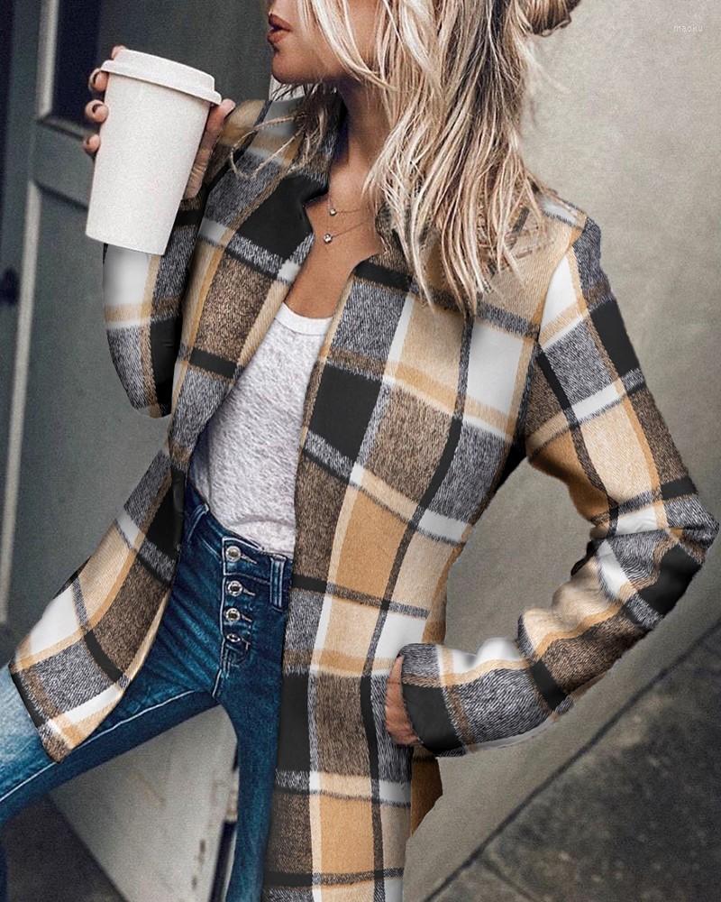 

Women' Jackets Plaid Print Pocket Design Long Sleeve Casual Coat Autumn Winter Women Jacket Fashion, Brown